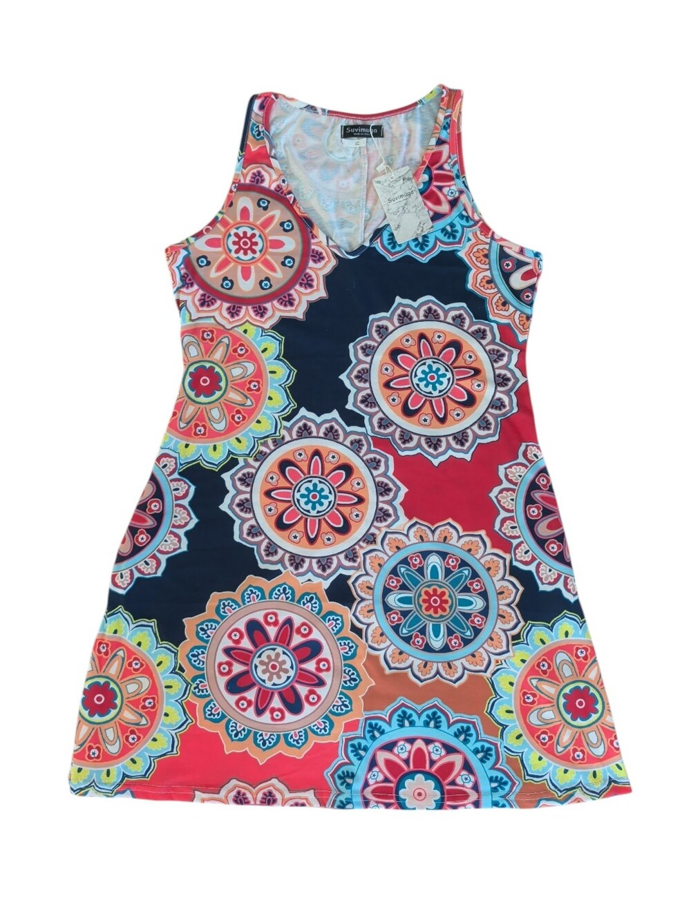 NWT Suvimuga Boho Mandala Mini Tank Dress with Pockets MEDIUM Blue Red FLAWS